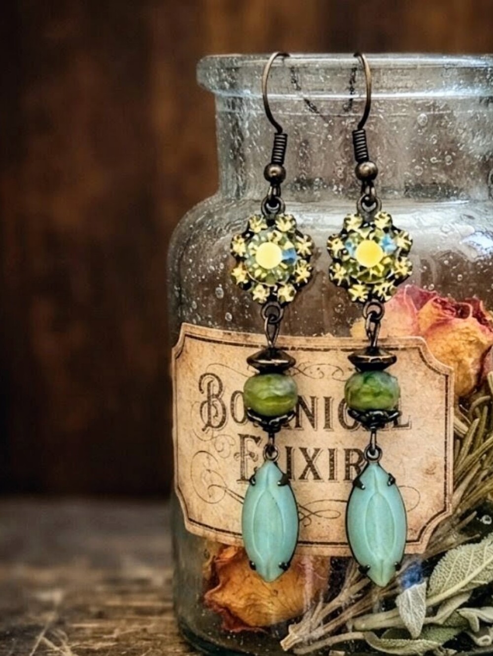 Victorian Green Flower Crystal In Three Tier Long Earrings In Brass
